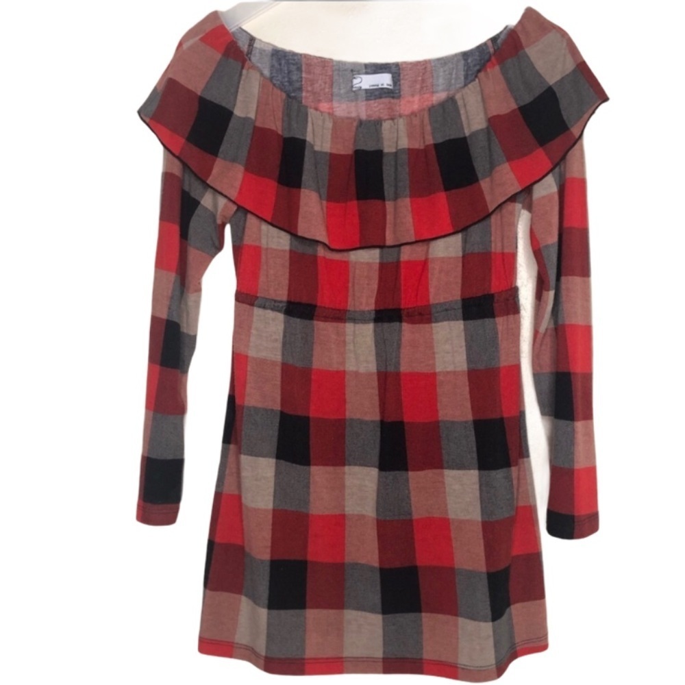 Young at Heart Red Plaid Top Off The Shoulder Size Small